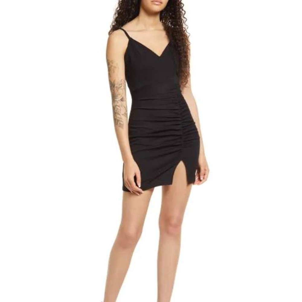LNL Love Nickie Lew Black V-Neck Ruched Minidress NWT Size Small